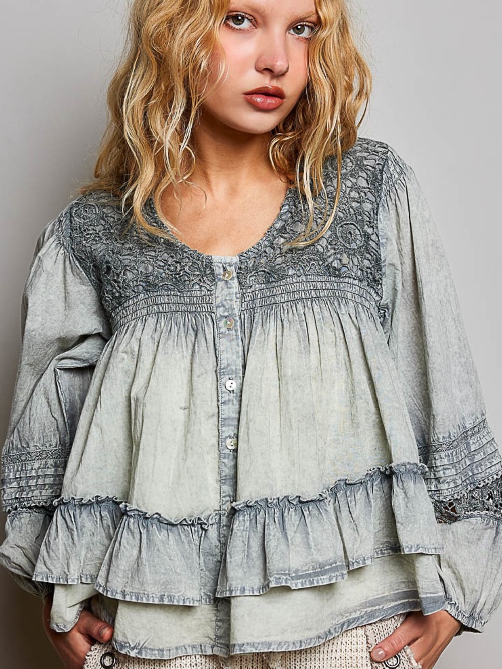 💚 POL Washed COTTON Layered Lace Pintuck Flared Woven Blouse- Sage